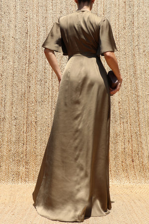 DD8590, V Neck Satin Maxi Dress