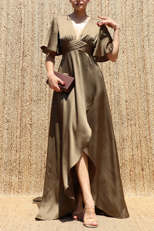 DD8590, V Neck Satin Maxi Dress