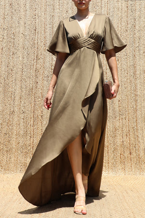 DD8590, V Neck Satin Maxi Dress