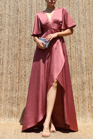 DD8590, V Neck Satin Maxi Dress