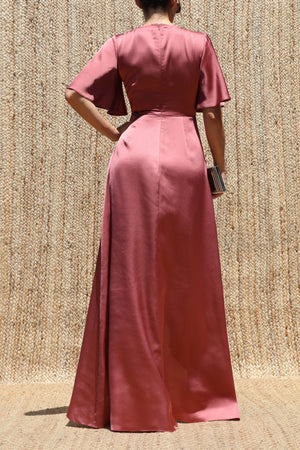 DD8590, V Neck Satin Maxi Dress