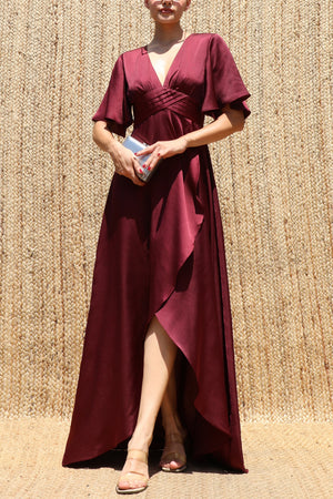 DD8590, V Neck Satin Maxi Dress