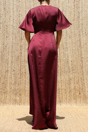 DD8590, V Neck Satin Maxi Dress