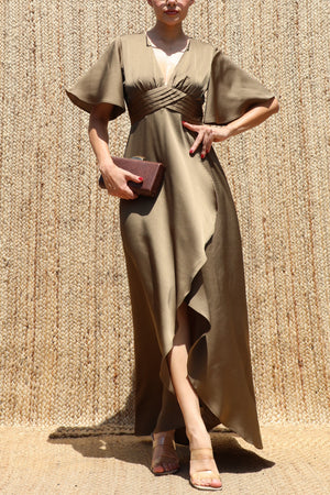 DD8590, V Neck Satin Maxi Dress