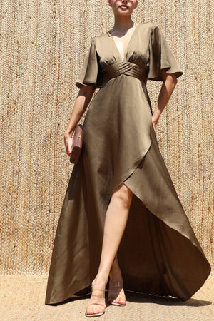 DD8590, V Neck Satin Maxi Dress