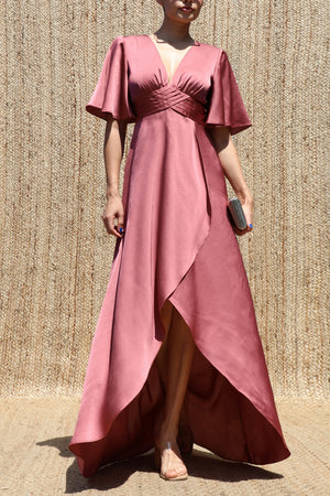 DD8590, V Neck Satin Maxi Dress