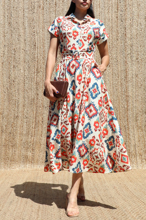 DD8622, Printed Button Down Midi Dress