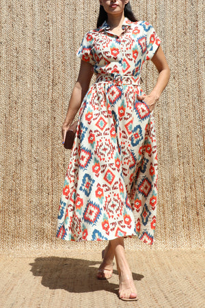 DD8622, Printed Button Down Midi Dress