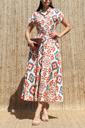 DD8622, Printed Button Down Midi Dress