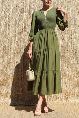 DD8640, Smocked Top Tiered Midi Dress
