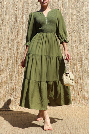DD8640, Smocked Top Tiered Midi Dress