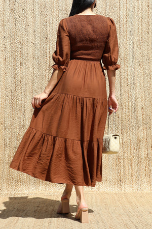 DD8640, Half-Zip Smocked Top Tiered Midi Dress