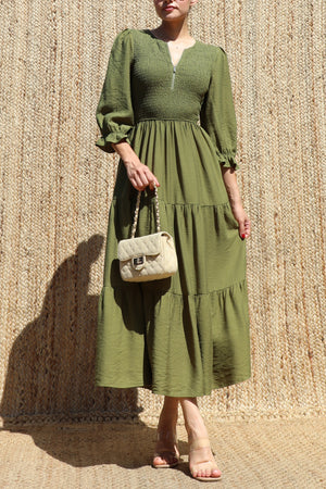 DD8640, Smocked Top Tiered Midi Dress