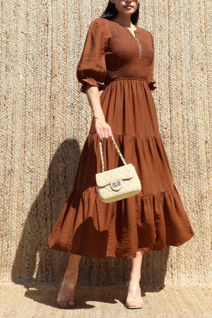 DD8640, Half-Zip Smocked Top Tiered Midi Dress