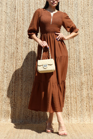 DD8640, Half-Zip Smocked Top Tiered Midi Dress