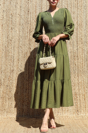 DD8640, Smocked Top Tiered Midi Dress