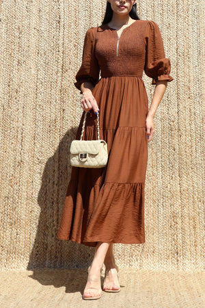 DD8640, Half-Zip Smocked Top Tiered Midi Dress