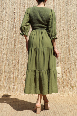 DD8640, Smocked Top Tiered Midi Dress