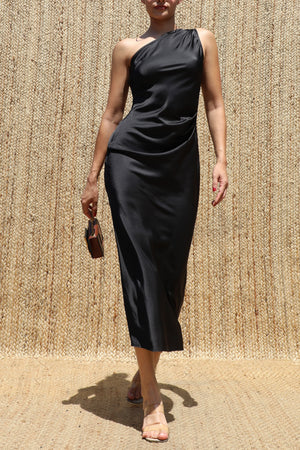 DD8594, One Shoulder Satin Midi Dress