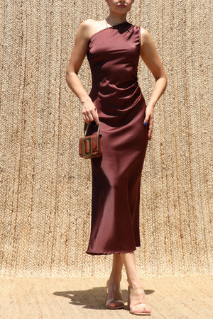 DD8594, One Shoulder Satin Midi Dress