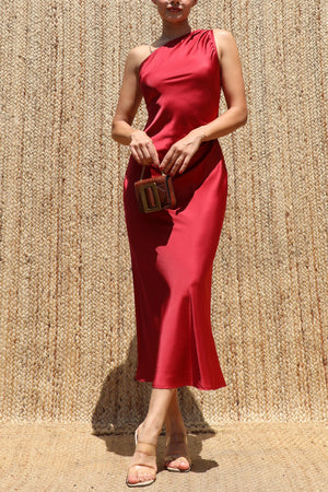 DD8594, One Shoulder Satin Midi Dress