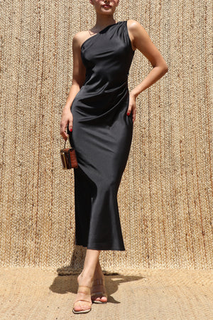 DD8594, One Shoulder Satin Midi Dress