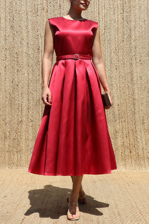 DD8588, Belted Satin Midi Dress