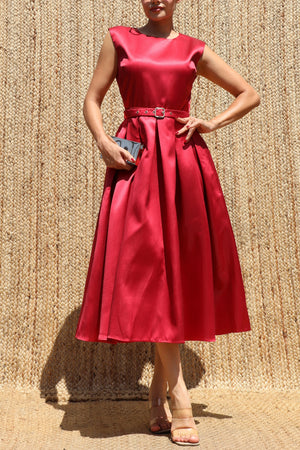 DD8588, Belted Satin Midi Dress