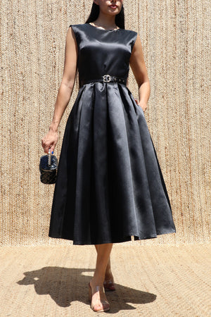 DD8588, Belted Satin Midi Dress