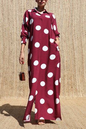 DD8514, Polka Dot Loose Fit Shirt Maxi Dress