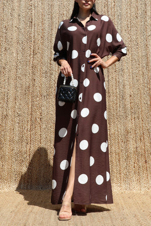 DD8514, Polka Dot Loose Fit Shirt Maxi Dress