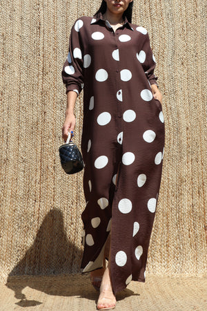DD8514, Polka Dot Loose Fit Shirt Maxi Dress