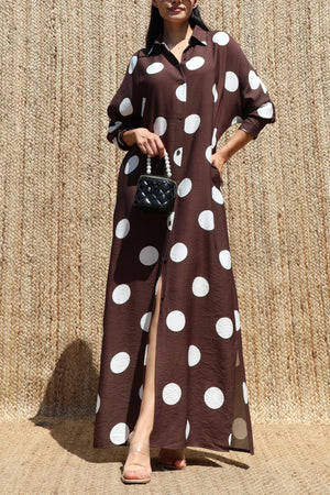 DD8514, Polka Dot Loose Fit Shirt Maxi Dress