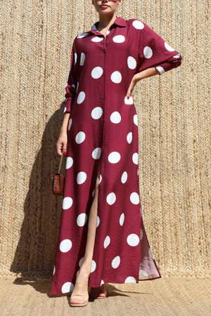 DD8514, Polka Dot Loose Fit Shirt Maxi Dress