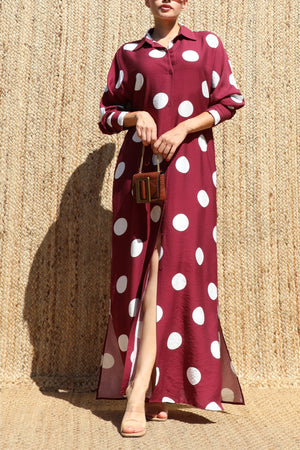 DD8514, Polka Dot Loose Fit Shirt Maxi Dress