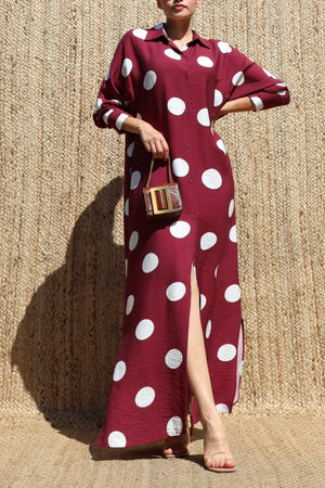 DD8514, Polka Dot Loose Fit Shirt Maxi Dress