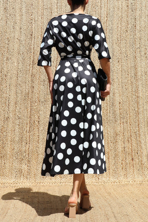 DD8512, Polka Dot Off Shoulder Knit Midi Dress