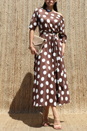 DD8512, Polka Dot Off Shoulder Knit Midi Dress
