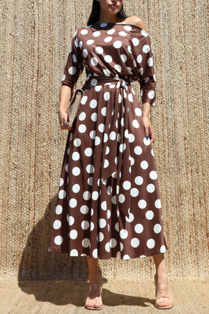 DD8512, Polka Dot Off Shoulder Knit Midi Dress