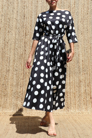 DD8512, Polka Dot Off Shoulder Knit Midi Dress