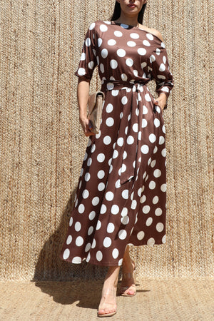 DD8512, Polka Dot Off Shoulder Knit Midi Dress