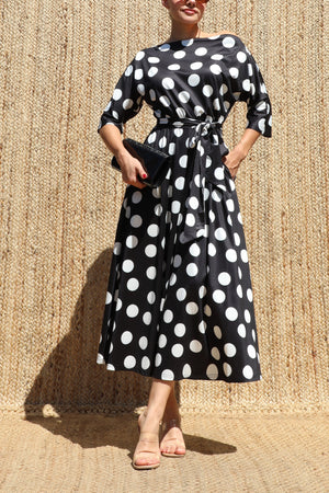DD8512, Polka Dot Off Shoulder Knit Midi Dress