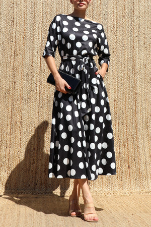 DD8512, Polka Dot Off Shoulder Knit Midi Dress