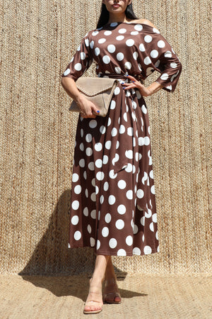 DD8512, Polka Dot Off Shoulder Knit Midi Dress