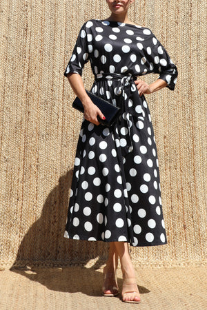DD8512, Polka Dot Off Shoulder Knit Midi Dress