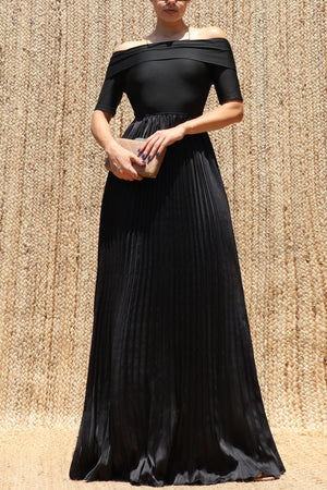 DD8625, Off Shoulder Satin Maxi Dress