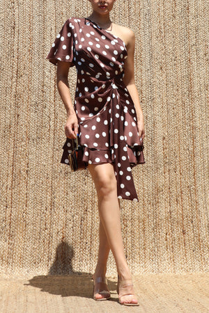 DD8482, Polka Dot One Shoulder Ruffled Satin Mini Dress
