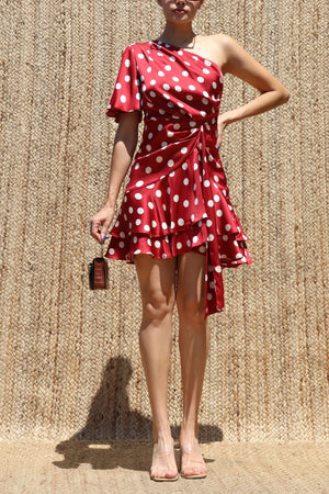 DD8482, Polka Dot One Shoulder Ruffled Satin Mini Dress