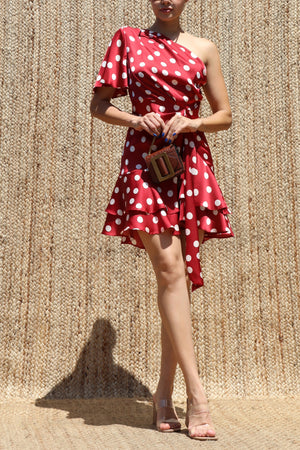 DD8482, Polka Dot One Shoulder Ruffled Satin Mini Dress