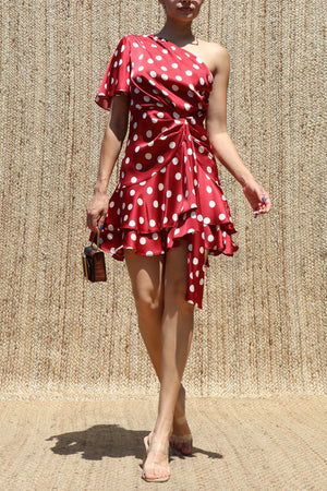 DD8482, Polka Dot One Shoulder Ruffled Satin Mini Dress